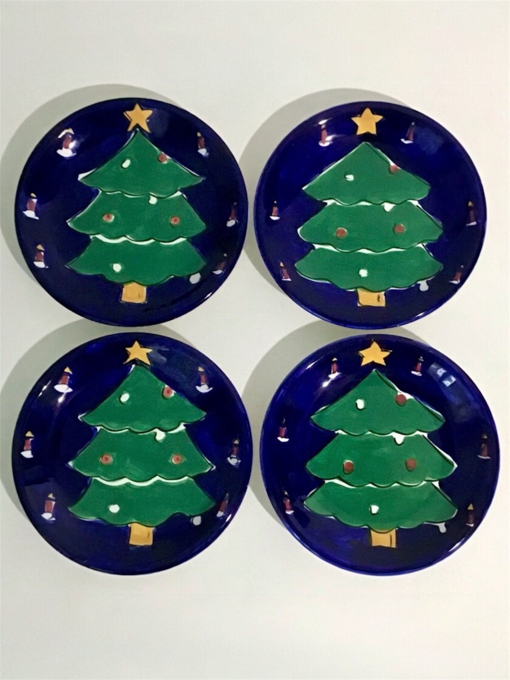Vintage Gibson Christmas Plates 8” Festive Blue Tree Pattern Salad Dessert Set 4